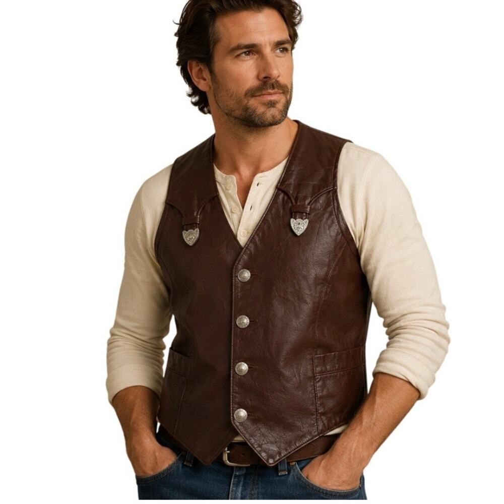 Vintage Pioneer Wear Brown Leather Western Vest 42 Concho Pocket Cowboy USA -